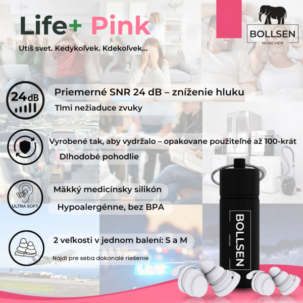 Balenie BOLLSEN Life+ Pink Edition – dva páry štuple do uší, hliníkové puzdro a návod na použitie