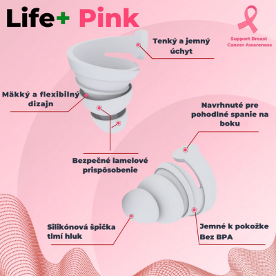 Schéma ušných zátkov BOLLSEN Life+ Pink Edition zobrazujúca mäkké vrstvy a ergonomický dizajn šetrný k pokožke