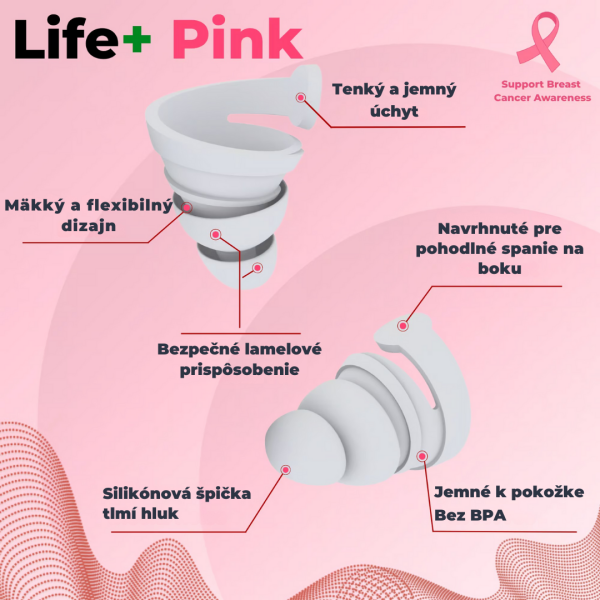 Schéma ušných zátkov BOLLSEN Life+ Pink Edition zobrazujúca mäkké vrstvy a ergonomický dizajn šetrný k pokožke